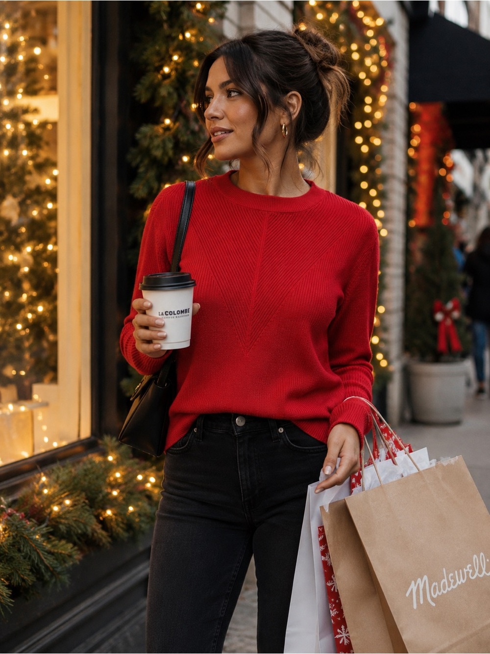 Nine West Red Ribbed Chevron Crew Neck Sweater